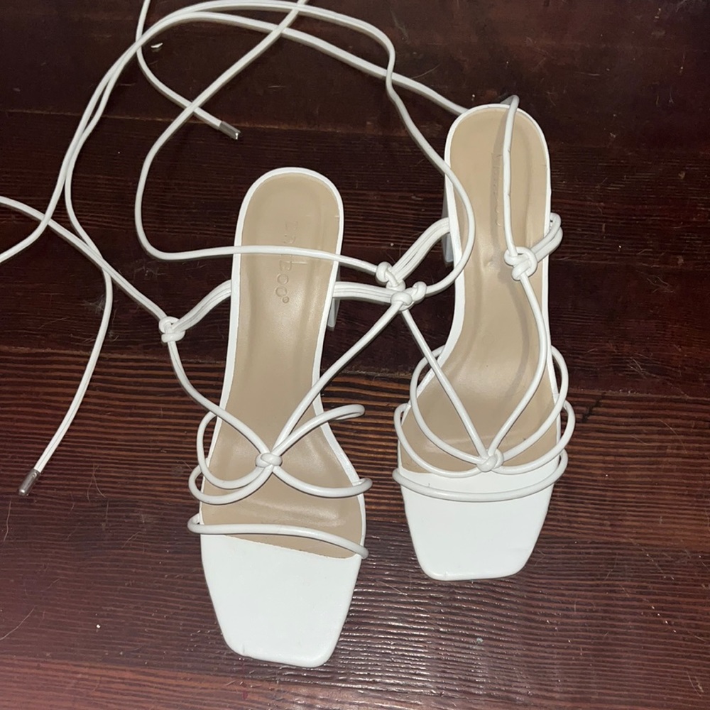 White Heels That Wraps Around The Legs. Gem